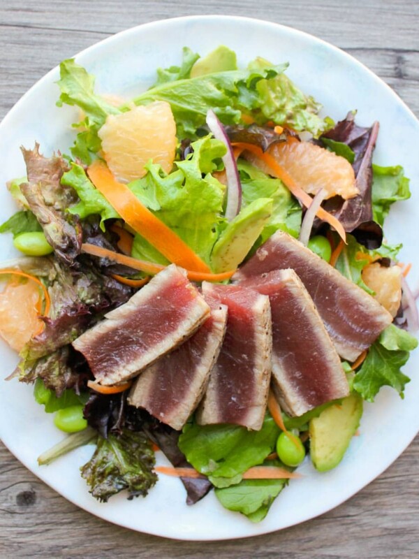 Plated Seared Ahi Tuna Steak Salad overhead.