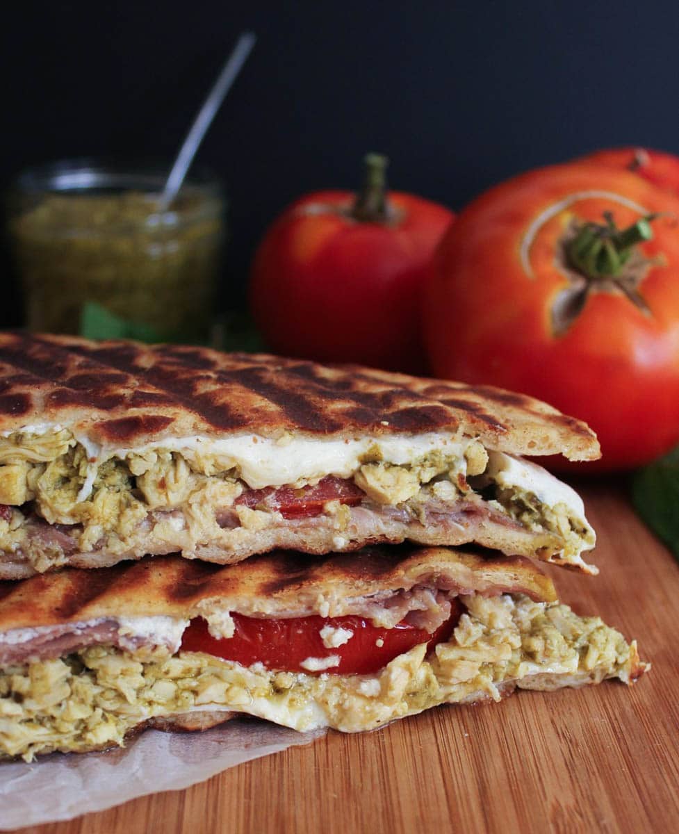 Pesto-Chicken-Flatbread-Panini-with-Prosciutto-Tomatoes-Mozzarella