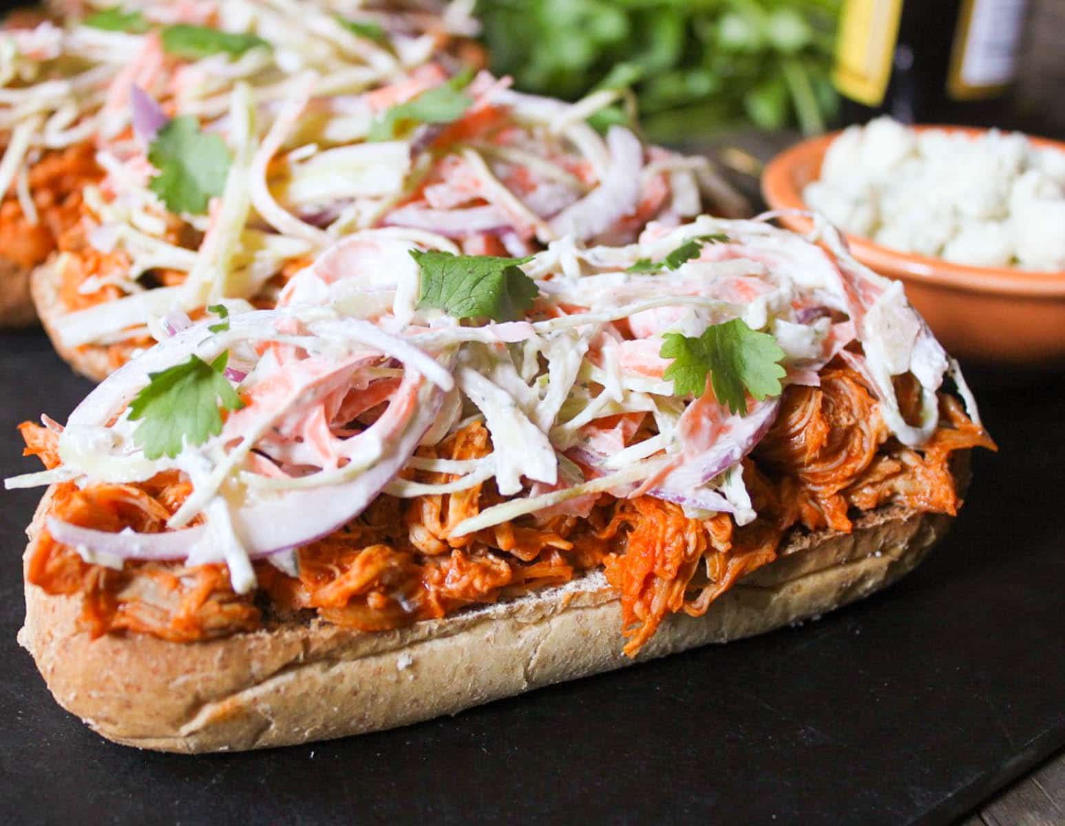 Open-Face Buffalo-Chicken-Subs-with-Ranch-Slaw-and-Blue-Cheese-Crumbles-7
