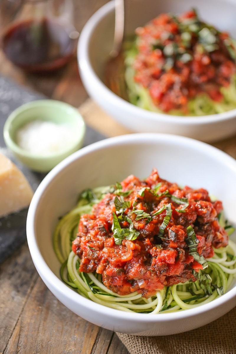 Zucchini Noodles with Portobello Bolognese plated