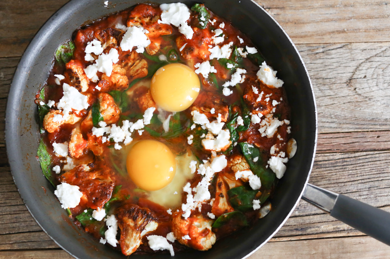 5-ingredient Skillet Eggs with Spinach and Roasted Cauliflower