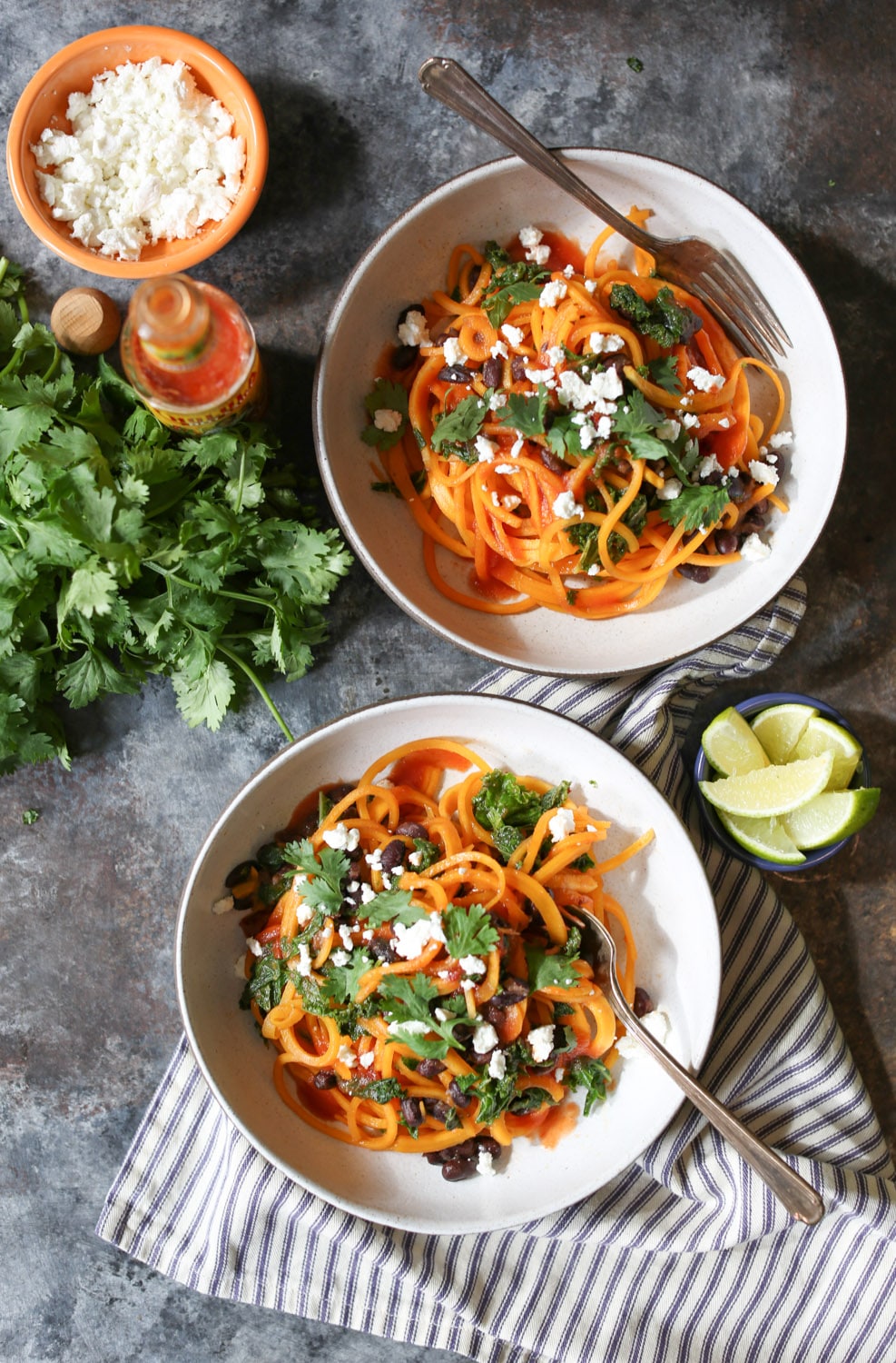 Butternut Squash Noodle, Black Bean, and Kale Enchilada Bowls