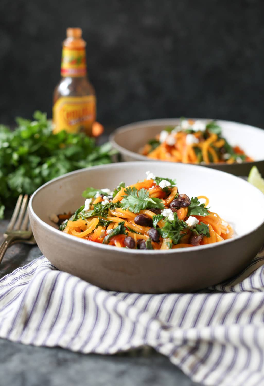 Butternut Squash Noodle, Black Bean, and Kale Enchilada Bowls