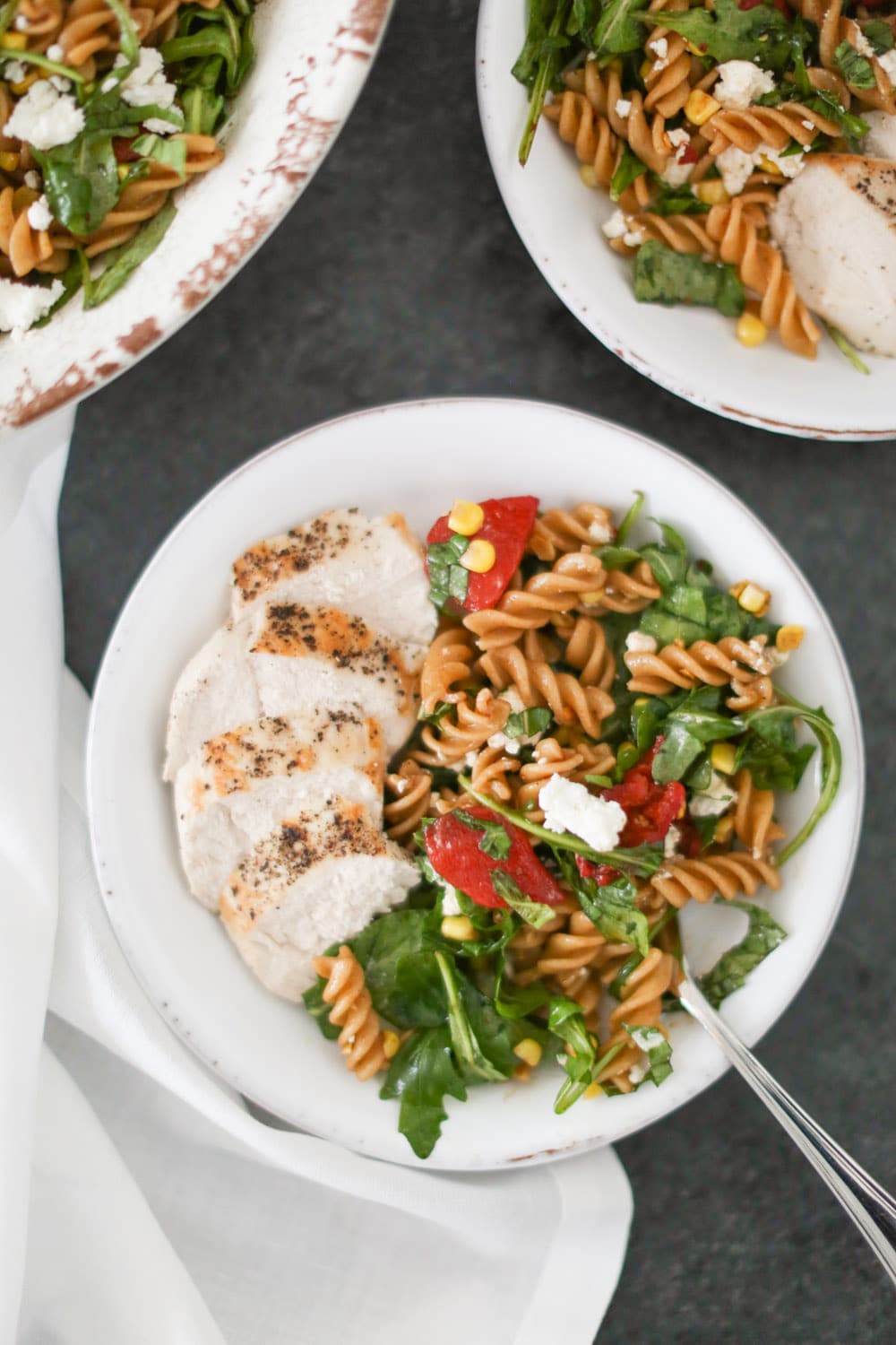 Pasta Salad with Arugula, Roasted Red Peppers, and Sweet Corn