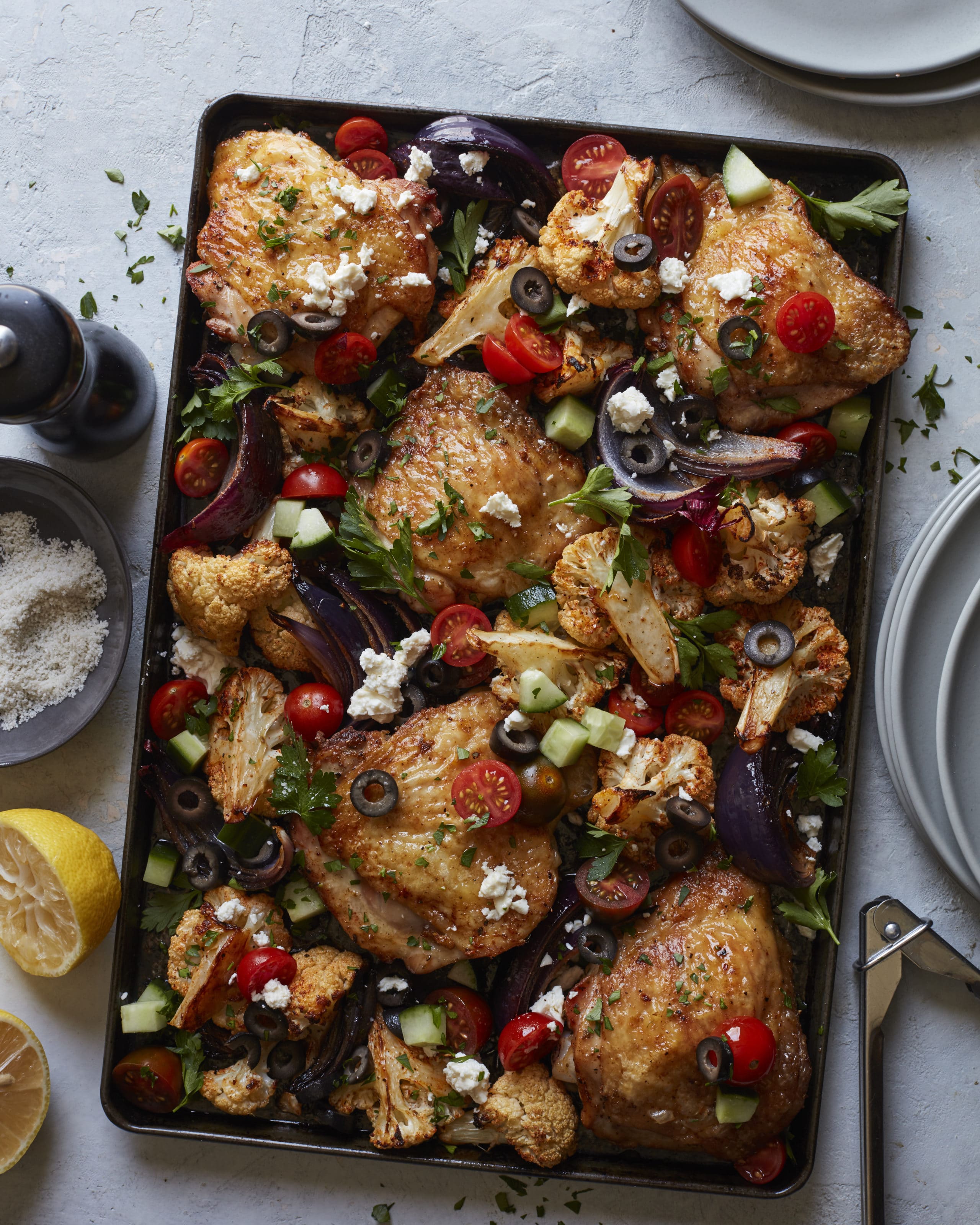 The Dude Diet Dinnertime Mediterranean Sheet Pan Chicken with Vegetables