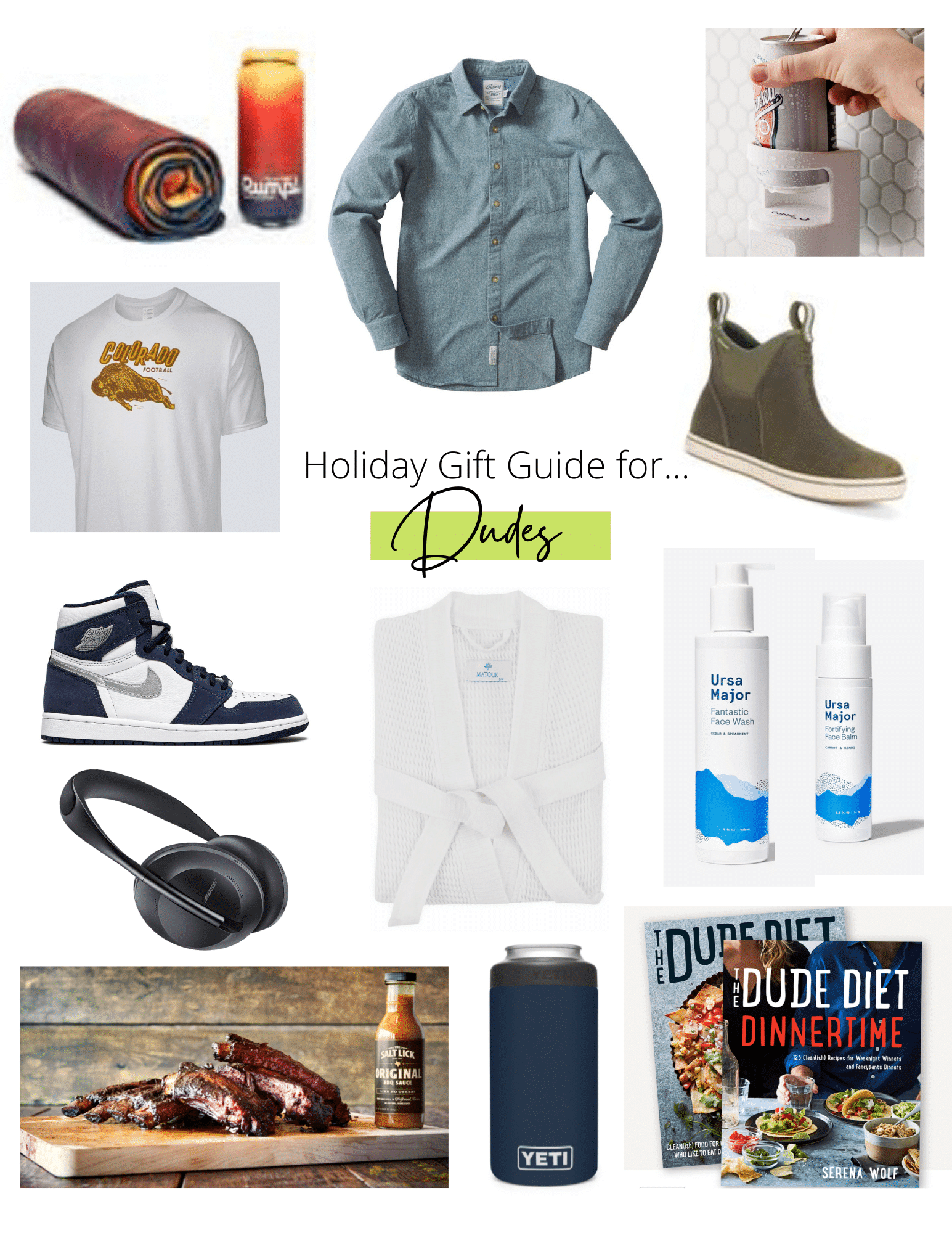 Collage of holiday gift ideas for men.